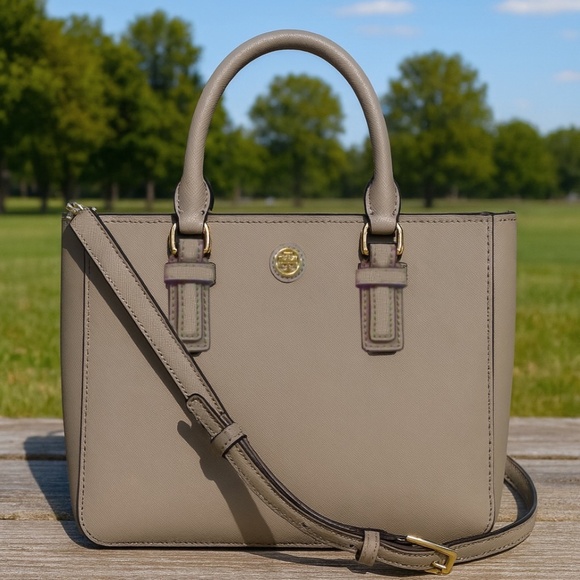 NEW Tory Burch Robinson French Gray Saffiano Leather Mini Square Tote/Crossbody - Picture 1 of 12